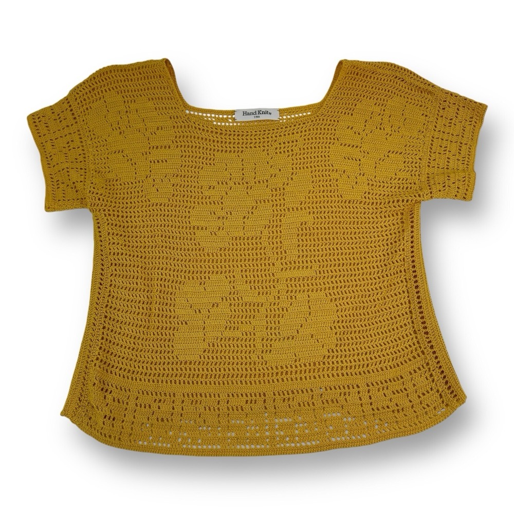 Custom Hand Knit by Tina Yellowโ Short Sleeve Cotton Knit Shirt Medium